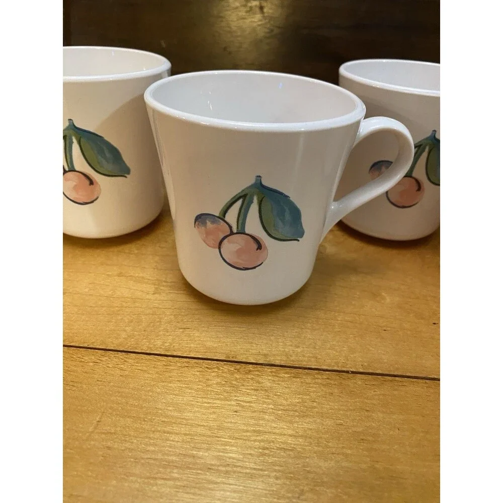 Corelle Fruit Basket Mugs Set 6 Apples Cherries White Coffee Cups Vintage Tea